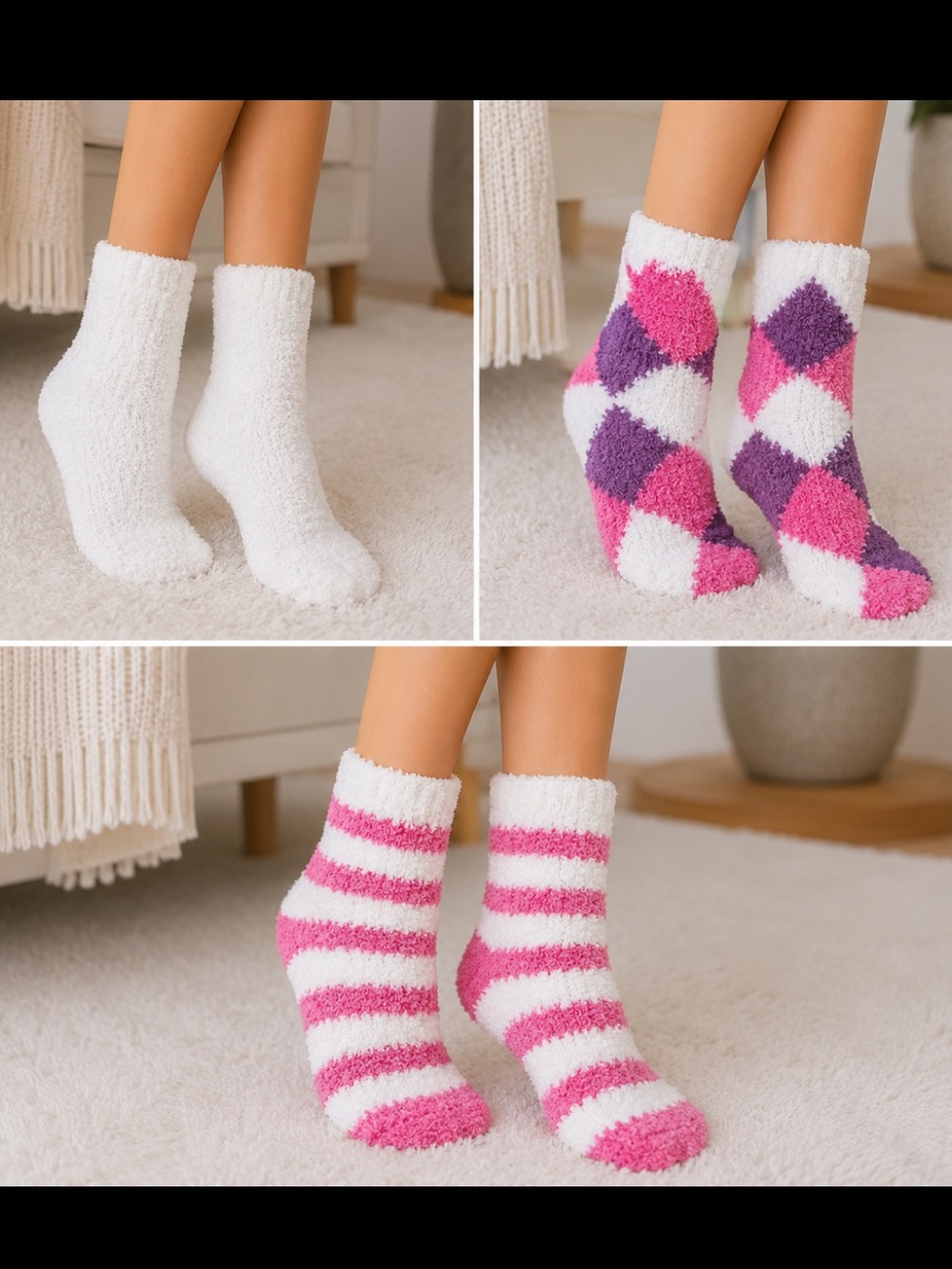 Gold Medal Pink Purple White Argyle Striped Super Soft Plush Butter Crew Socks